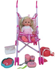 Beszélő játékbaba babakocsival és kiegészítőkkel