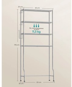 Tároló polc WC fölé, helytakarékos tároló állvány, ezüst 83x30x179cm