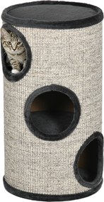 PawHut Kaparó Henger 70 cm Magas Ø 38 cm Háromszintes Macska Henger Plüss Szegéllyel, Macska Barlang, Kaparóoszlop Kicsi Macskák Számára, Világosszürk