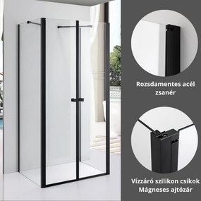Stuxi Roma Black 80x80 falsíkra szerelhető 3 oldalú kétszárnyú nyílóajtós zuhanykabin 6 mm vízlepergető biztonsági üveggel, matt fekete elemekkel, 195 cm magas