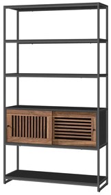 Könyvespolc, 4 szintes polc fekete fémkerettel,barna ajtóval