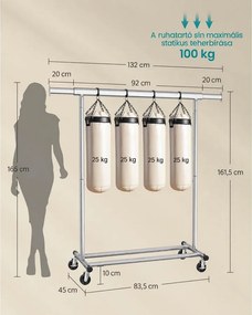 Gurulós ruhatartó kihúzható 92–132 cm-es ruharúddal, 90 kg, ezüst