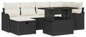 7 Darabos Kerti Sofaszett Párnákkal Fekete Poli Rattan, 2 Személyes Kerti Sofa Tárolóval és Párnákkal Fekete Poli Rattan