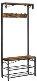Előszoba fogas polccal, akasztókkal, cipőtartóval és ülőkével, rusztikus barna 80x32x178cm