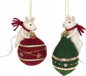 Karácsonyfa Bombák Zöld Piros Egér 2 db Gyapjú Karácsonyfa Bomba