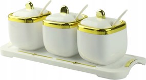 3x Fehér Tartályok Teáskanál Állvánnyal, Arany Elemekkel