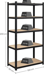 Polcos állvány, 120kg polconkénti teherbírással, fekete 200x100x50cm