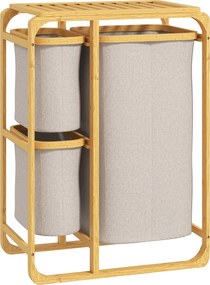 HOMCOM Helytakarékos Mosoda Kosár, Elegáns Kosár 3 Kivehető Textil Táskával és Polccal, Bambusz, 50x32x69.7 cm, Bambusz és Krém Szín | Aosom