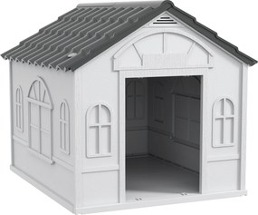 PawHut Kültéri Kutyaház 84,2x98,2x82 cm Ablakmintás és Imitált Cserépfedéllel Nagy Kutyák Számára Szürke és Fehér | Aosom
