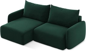 Sötétzöld bársony kinyitható-tárolóhelyes sarokkanapé (bal oldali-heverő résszel) Kalena – Makamii