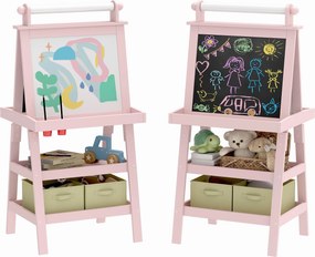 AIYAPLAY Gyermekrajzoló Állvány 3 az 1-ben, Kétoldalas Mágneses Gyermek Fekete Tábla Festő Állvány Papírtekercssel és Tároló Kosarak 59x48x118 cm Rózs