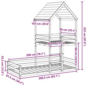 fehér tömör fenyőfa ágy emelettel és tetővel 90 x 200 cm