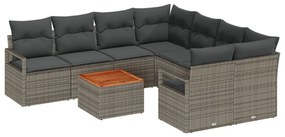 9 darabos kertibútor szett párnákkal szürke poli rattan akáciával, 2 fős kertibútor tárolóval és párnákkal szürke poli rattan