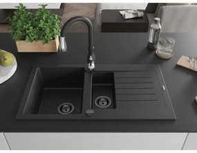 Mexen Matias, 1,5 kamrás gránit mosogató 900x505x200 mm és Savita mosogató csaptelep, fekete-ezüst metál, 6502-73-672601-70-B