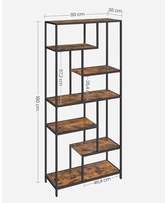 Könyvespolc, 6 szintes, geometrikus álló polc, rusztikus barna és fekete, 20 x 80 x 180 cm