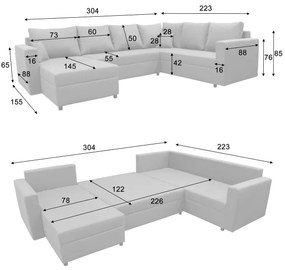 Univerzális ággyá alakítható U-alakú sarokülőgarnitúra tárolóhellyel SEYA szürke