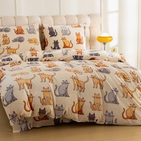 Mikroplüss ágyneműhuzat készlet COLORED CATS krém színű + mikroplüss lepedő SOFT 90x200 cm fehér, egyszemélyes