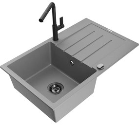 Mexen Bruno, 1 kamrás gránit mosogató 795x495x200 mm és Flora mosogató csaptelep, szürke, 6513-71-670401-70-B