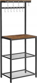 Masszív loft stílusú konyhai polc, 4 szintes, 12 akasztóval, rusztikus barna-fekete