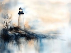 Vászonkép Canvas Tájkép Víz Part Tenger Világítótorony Köd 100x75