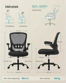 Irodai szék összecsukható karfákkal, ergonomikus számítógépes szék, fekete
