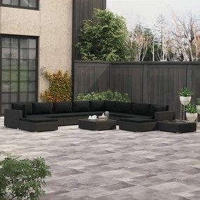 12 részes fekete polyrattan kerti bútorszett párnákkal