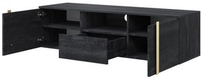 Verica 150 cm-es TV-szekrény, falra szerelhető, nyitott polccal - szénfekete / arany fogantyúk