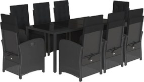 vidaXL 9 részes fekete polyrattan kerti étkezőgarnitúra párnákkal