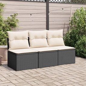 Fekete 3 személyes polyrattan kerti kanapé párnákkal