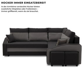 Grande sarokkanapé polcokkal és puffokkal , polc a bal karfaban puffok a jobb karfaban, jobboldali, szövet anyag, hab töltet, fekete - szürke