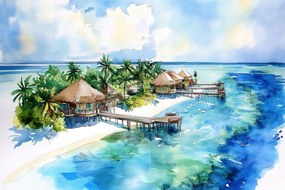 Vászonkép Canvas Egzotikus Sziget Óceán Kunyhók Maldív-szigetek Pálmafák 120x80