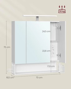 Fürdőszobaszekrény led világítással, konnektorokkal, 16,5 × 70 × 75 cm, felhőfehér színben