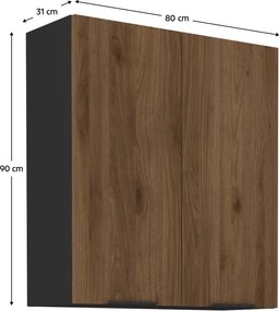 Felső szekrény, okapi dió/fekete, MENZO 80 G-90 2F