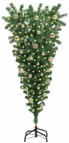 Felfelé álló műfenyő világítással és gömbökkel Zöld 150 cm PVC