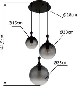 Globo 15885-3H Függeszték fém fekete matt, füstszínű üveg búra, fekete PVC kábel, magassága lerövidíthető, ø: 390mm, M: 1415mm, a búrák méretei: 1 x 15 cm, 20 cm, 25 cm, 3x E27 LED 10W 230V izzók nélkül