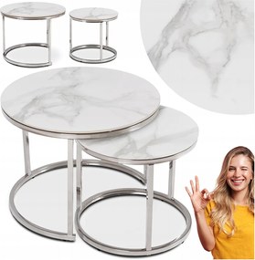 Dohányzóasztal Kerek Szett 2in1 Pad Glamour Márvány Fehér Ezüst Amara