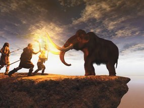 Illusztráció Prehistoric men hunting a young mammoth, estt