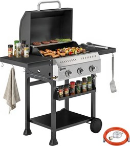 Gázgrill 9 KW 3 égős BBQ grillkocsi rozsdamentes acélból, összecsukható oldalsó asztallal, fűszertartóval