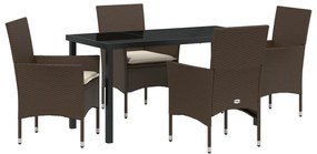 5 Részes Kerti Étkezőasztal Párnákkal Barna Poli Rattan, Kerti Asztal Fekete 140x80x73 cm Edzett Üveg