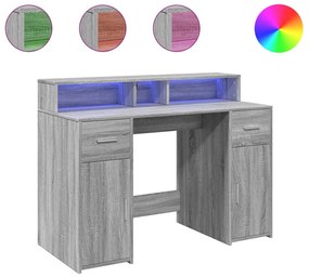 szürke sonoma színű szerelt fa íróasztal LED-ekkel 120x55x91 cm