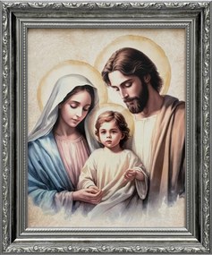 Vászonkép 31x26 Szent Család Jézus Krisztus József Mária Ezüst Díszített Keret
