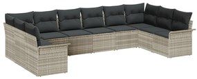 10 darabos kertibútor szett párnákkal, világosszürke poli rattan, 2 fős kertibútor tárolóval és párnákkal, világosszürke poli rattan