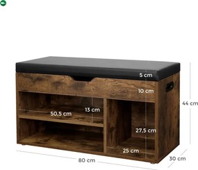 Cipőtároló pad, párnázott ülőfelülettel, rusztikus barna 80x44x30cm