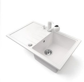 Gránit mosogató NERO Eris + kihúzható zuhanyfejes Shower csaptelep + adagoló + dugókiemelő (fehér)