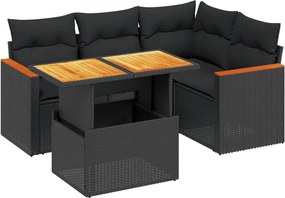 vidaXL 5 részes fekete polyrattan kerti kanapészett párnákkal
