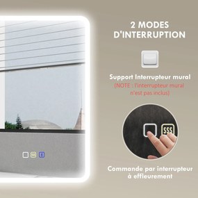 HOMCOM Bluetooth Fürdőszobai Tükör 70 x 90 cm, Fali LED Fürdőszobai Tükör Érintőkapcsolóval, 3 színben Állítható Fény, Páramentesítő, Memória - Ezüst