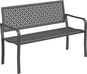 Outsunny 2 személyes fém kerti pad – időjárásálló, rozsdaálló lamellás acél háttámla, geometrikus dizájn, max. 240 kg, 127 x 61 x 85 cm, sötétszürke |