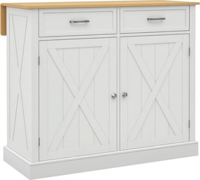 HOMCOM Konyhai Sziget Kocsi Összecsukható Fa Pulttal, 2 Ajtóval, 2 Fiókkal, Állítható Polccal és 4 Kerekekkel 105x60x90.5 cm Fehér | Aosom