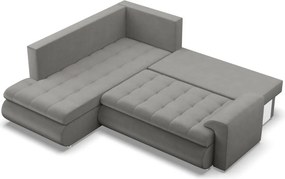 Tokio sarokkanapé, L alakú háttámlával, 2 ágyneműtartóval, bársony, baloldali, világosszürke