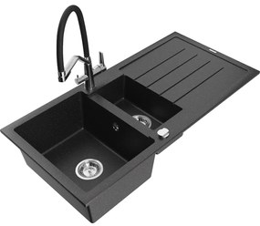 Mexen Andres gránit mosogatótálca, 1,5 rekeszes, csepegtetővel és Duo konyhai csappal, fekete/ezüst metál - 6515-73-671701-07